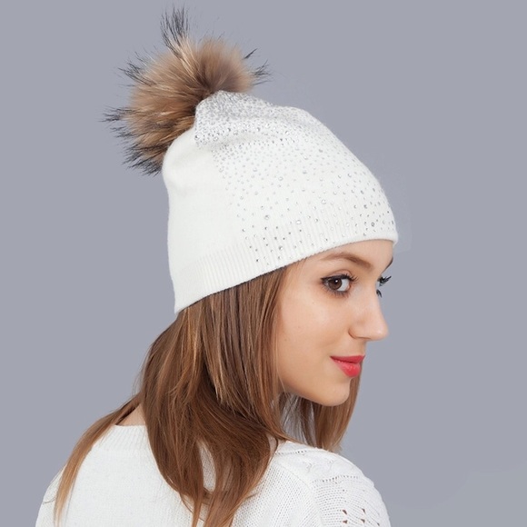 Boutique Accessories - ✨Crystal Embellished Beanie W/ Fox Fur Pom Pom✨
